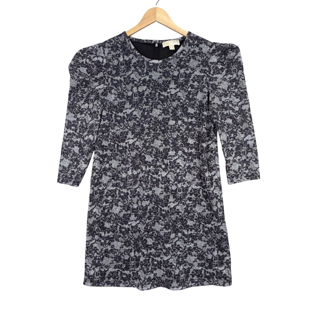 Michael Kors Dress Womens XL Silver Black Metallic Floral Lace Puff Sleeve Shift